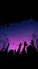 Silhouetted crowd raising hands at a concert with a backdrop of pink and blue lights, and falling confetti, conveying energy and excitement