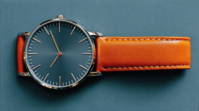 Minimalist, stylish wrist watch with grey face and tan leather strap, flat-lay on grey background