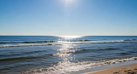 Sparkling ocean waves gently kiss sandy shore under bright sunlit sky serene coastal escape