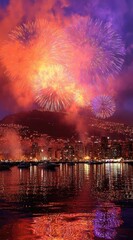 Evening cityscape reflecting bright fireworks over water, with hillside homes in the background, captured in a vibrant, colorful nighttime scene