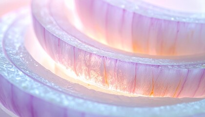 Macro close-up of translucent red onion slices, revealing delicate layered textures and organic beauty with soft backlighting