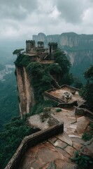 An ancient stone fortress perched atop a misty cliff overlooking lush valleys and distant mountains on a cloudy day