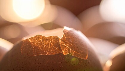 Intimate-close up of a delicate, cracked eggshell bathed in a warm, ethereal glow, evoking fragility, potential, and the subtle beauty of a new beginning amidst soft bokeh lights