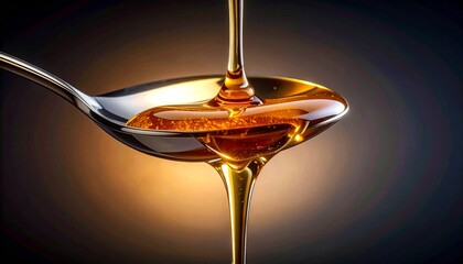 Golden Stream of Sweetness A close-up shot of rich honey or syrup slowly cascading onto a reflective metal spoon, highlighting its viscous texture and amber glow