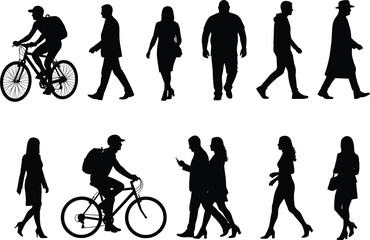 Silhouette Vector Set of Urban People Walking and Cycling, Male and Female Characters in Motion for City and Lifestyle Designs