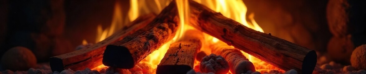 Close-up of vibrant flames engulfing a stack of seasoned firewood, creating a warm, inviting glow Perfect for themes of cozy winter evenings and rustic ambiance , yellow, detail