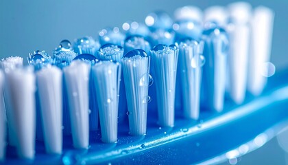 Close-up of a vibrant blue toothbrush-head with sparkling water droplets on its wet-bristles, highlighting oral-hygiene and fresh cleanliness