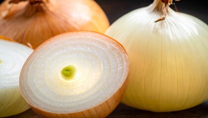 Whole and sliced fresh onions – essential ingredients for flavorful cooking and healthy meals, showcasing their natural layered texture