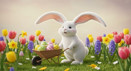 Cute white Easter bunny with a wheelbarrow of decorated eggs amidst a cheerful spring meadow blooming with colorful tulips, daffodils, and hyacinths, perfect for holiday themes.