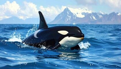 Fototapeta premium A killer whale gracefully glides through the azure waves, showcasing its striking black and white markings against a backdrop of snow-capped mountains.