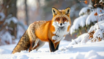 A captivating red fox stands amidst a snowy woodland scene, showcasing its vibrant fur and alert posture.