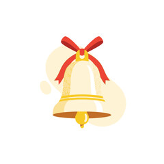 Golden ship's bell decorated with a red ribbon, used for signaling time on a historic Columbus Day voyage.