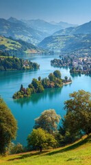 Lush green hills descend to a tranquil, turquoise lake surrounding a small island under a clear blue sky on a sunny day