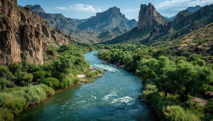 Mountain river winding through a lush canyon