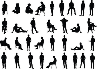 Silhouettes of Men and Women Sitting, Standing, Relaxing, Posing in Various Casual and Formal Poses Vector Illustration