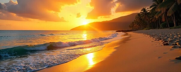 Golden sunset casts a warm glow on pristine Costa Rican beaches, calm waves lapping gently against the shore Perfect for travel and vacation imagery , sky, coast