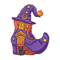Whimsical Witch Boot House with Black Cat and Pumpkin