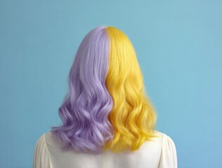 Naklejka premium Back of a woman with wavy, two-toned hair - lavender on one side, yellow on the other - against a light blue backdrop