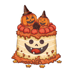 Smiling Halloween Monster Cake with Pumpkin Toppers and Berries
