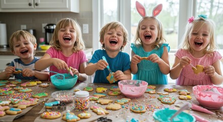 A group of joyful children decorate and enjoy cookies in a kitchen setting, filled with vibrant colors and a sense of fun.