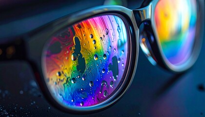 A Kaleidoscope of Color-Drops on Lenses - Intricate Macro Detail of Vibrant Reflections on Eyewear Surface