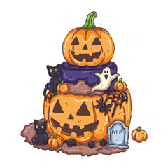 Stacked Halloween Pumpkin Cake with Black Cats, Ghosts, and Tombstone
