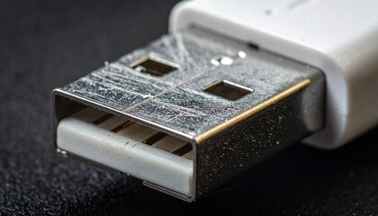 Close-up macro detail of a worn USB-A connector, highlighting the intricate pin layout and metallic housing – essential for modern data transfer and device connectivity