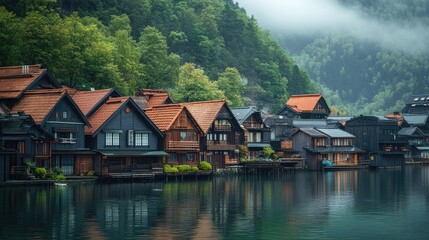 Naklejka premium Enchanted Water Village: Serene Reflections in a Misty Mountain Haven