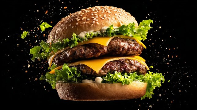 Delicious Double Cheeseburger in Motion Against a Striking