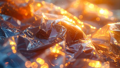 Intricate macro view of a dark, alien surface with jagged textures and abstract forms, illuminated by scattered, warm glowing lights, creating an ethereal, energetic futuristic landscape