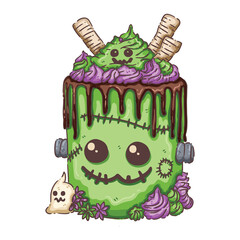 Cute Frankenstein Monster Halloween Cake or Drink with Whipped Cream