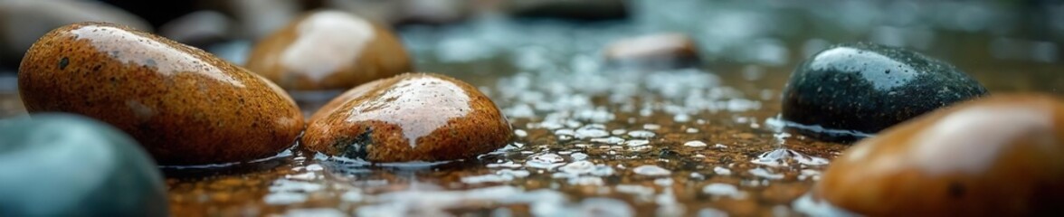 Close-up of smooth, colorful river rocks, wet and glistening after a summer rain shower Perfect for nature, spa, or relaxation themes , rain, moist