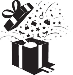 Open Gift Box Exploding with Fashion Items and Stars for Upcoming American Black Friday, 2025