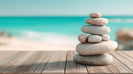 A stack of rocks on a wooden table with a beach and ocean in the background.