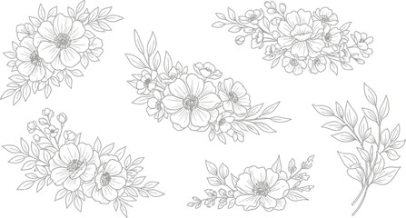 Elegant floral line art elements for invitations and designs, perfect for a modern and sophisticated aesthetic
