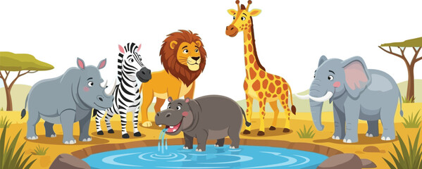 Adorable cartoon animals gathering at watering hole in the savannah, playful wildlife illustration for kids © muhammad
