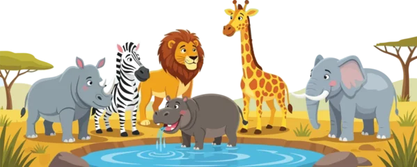 Fototapete Rund Zoo Adorable cartoon animals gathering at watering hole in the savannah, playful wildlife illustration for kids  © muhammad