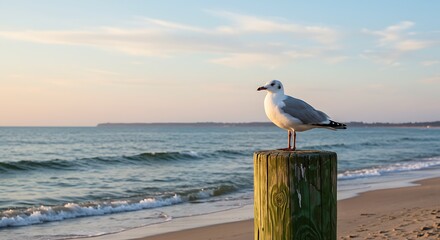 A peaceful seagull perches on a weathered wooden post at the beach, bathed in the warm glow of sunrise over the calm ocean and sandy shore.