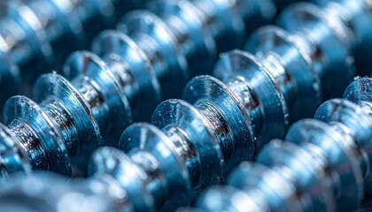 Ultra close-up of shiny metallic-screws arranged in precise rows, showcasing industrial-grade hardware and mechanical fasteners for construction and assembly