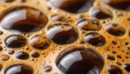 Ultra close-up-view of rich, dark coffee foam bubbles on a freshly brewed espresso surface, showcasing intricate patterns and textures with captivating reflections
