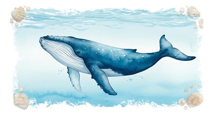 Watercolor illustration of a majestic blue whale swimming in the ocean, framed by delicate seashells. A serene marine art piece.