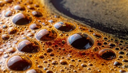Ultra close-up of dark coffee's rich, bubbly foam texture – intricate patterns and reflective surfaces creating an inviting morning beverage visual