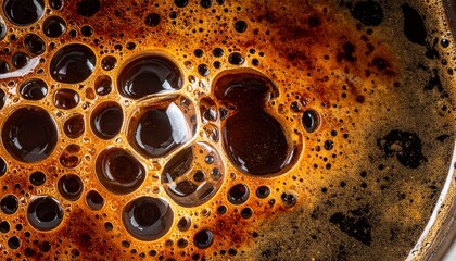 Abstract-view of rich coffee foam with intricate bubbly patterns on a dark espresso surface, showcasing a textured beverage