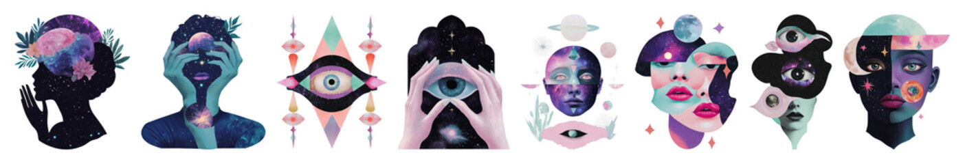 Fototapeta premium PNG Surreal cosmic abstract portraits, element set on transparent background