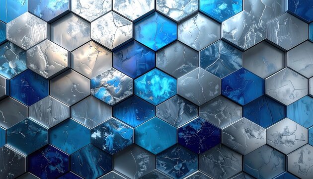 A detailed, geometric pattern of interlocking hexagonal tiles in varying shades of blue and gray, showcasing a striking 3D effect.