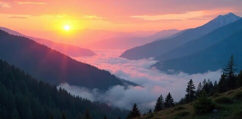 Obraz premium Serene landscape at dawn, misty mountains reflecting spiritual awakening; perfect for meditation, yoga, mindfulness, and inner peace themes , clouds, wellbeing, ascension