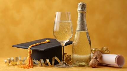 A champagne bottle and glass with a graduation cap and scroll on a yellow background.