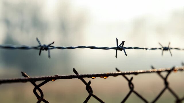 Close-up of barbed wire on metal fence with blurred background