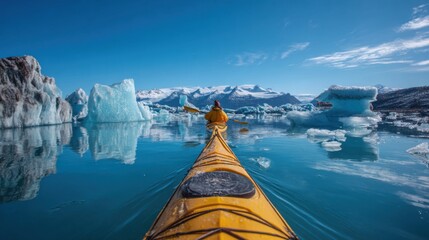 A person paddling a kayak in a glacial lake, with a bright blue color and a view of ice formations. The scene is unique and beautiful.