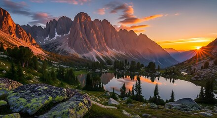 Sunset Over the Sawtooth Mountains Reflecting in Alpine Lake.